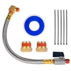 breezliy extended tank drain valve assembly kit,10 inch braided steel hose 1/4 inch npt drain valve and elbow fitting for air compressor with two extra 1/4" to 3/8" brass adapter and thread seal tape