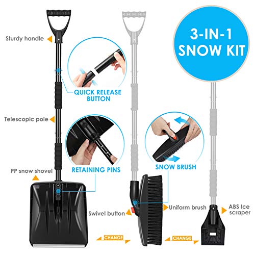 CLISPEED 3-in-1 Snow Shovel Kit Portable Snow Shovel with Ice Scraper and Snow Brush (Black)