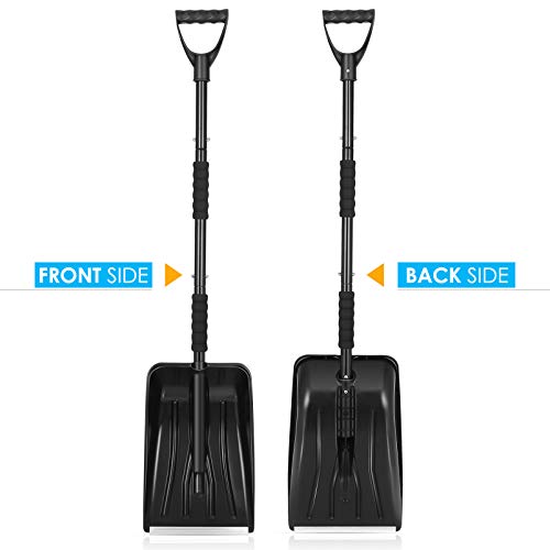 CLISPEED Portable Snow Shovel with D-Grip Handle for Car Truck Camping and Other Outdoor Activities (Black)