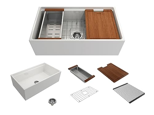 BOCCHI Contempo Workstation Apron Front Step Rim Fireclay 33 in. Single Bowl Kitchen Sink with Accessories in White