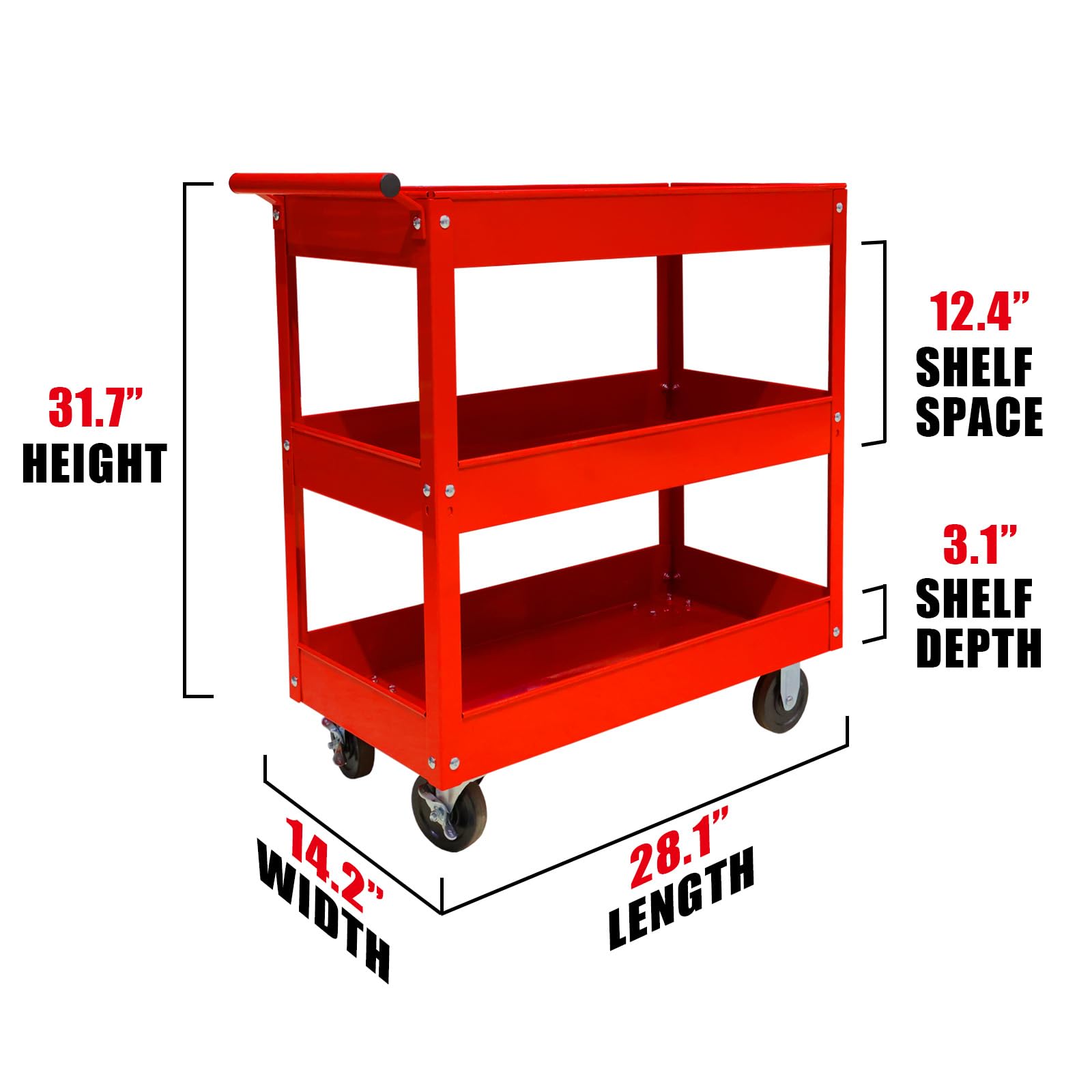 BIG RED 3-Tier Service Cart 400 lbs capacity metal cart on wheels For Garage Warehouse Workshop Use Stainless Steel Utility Cart,APTC302R,Torin