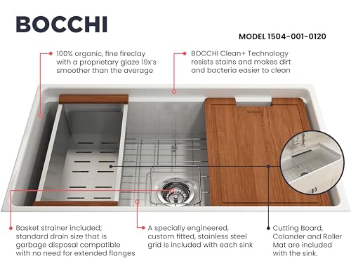 BOCCHI Contempo Workstation Apron Front Step Rim Fireclay 33 in. Single Bowl Kitchen Sink with Accessories in White