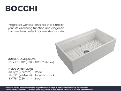 BOCCHI Contempo Workstation Apron Front Step Rim Fireclay 33 in. Single Bowl Kitchen Sink with Accessories in White