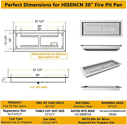 Hisencn Drop-in Fire Pit Kit 30 x 10 Inch, Fire Pit Insert H Burner with Spark Ignition and Propane Hose Kit for Propane Fire Pit, Fire Table Insert, Indoor or Outdoor Decorative Fireplace