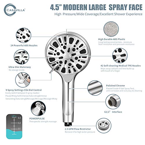 Shower Head,High Pressure 9 Spray Setting Handheld Shower Heads With 5.9ft Extra-long Hose,4.5" Face Hand Held Showerhead with Water Saving & Spa Spray Mode - Chrome