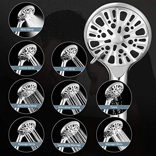 Shower Head,High Pressure 9 Spray Setting Handheld Shower Heads With 5.9ft Extra-long Hose,4.5" Face Hand Held Showerhead with Water Saving & Spa Spray Mode - Chrome
