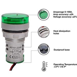 Shopcorp - Digital Led Display Indicator Ammeter, 0-100A Max AC380 Current Meter and 220V - Gauge Meter, Tester Amp Monitor - AD101-22AM Model, Circle Panel, Green (3 Pack)