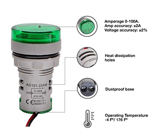 Shopcorp - Digital Led Display Indicator Ammeter, 0-100A Max AC380 Current Meter and 220V - Gauge Meter, Tester Amp Monitor - AD101-22AM Model, Circle Panel, Green (3 Pack)