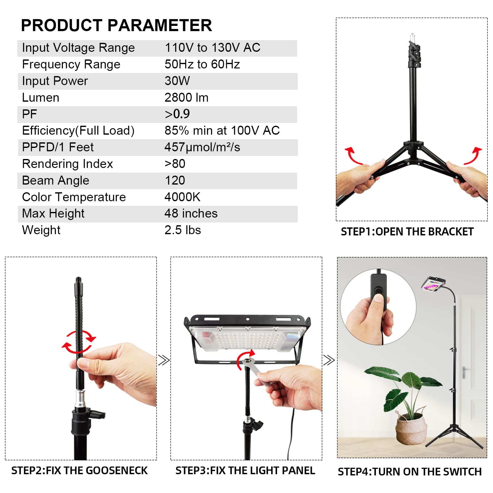 LORDEM Plant Grow Light with Stand, 150W Full Spectrum Plant Lamp for Seedlings Indoor Plants, LED Standing Floor Grow Lamp with On/Off Switch, Adjustable Tripod Stand 18-47 Inches