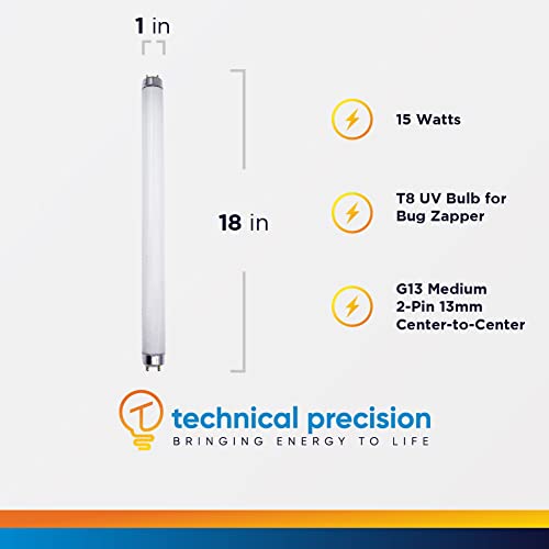 Technical Precision 15W Fluorescent Tube Light Bulb Replacement for Pest West F15w/t8/quantum Bl F15T8 Blacklight Bulb for Electric Fly Zapper Lamps - G13 Medium Bi-Pin Base - 1 Pack