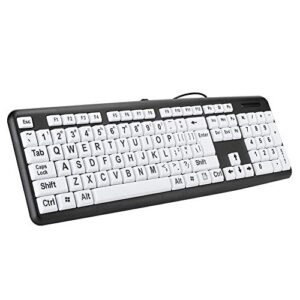 large print computer keyboard, 104 keys standard full size usb wired with foldable stands, high contrast black and white keys perfect for low vision, seniors and those just learning to type