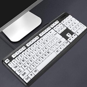 Large Print Computer Keyboard, 104 Keys Standard Full Size USB Wired with Foldable Stands, High Contrast Black and White Keys Perfect for Low Vision, Seniors and Those Just Learning to Type