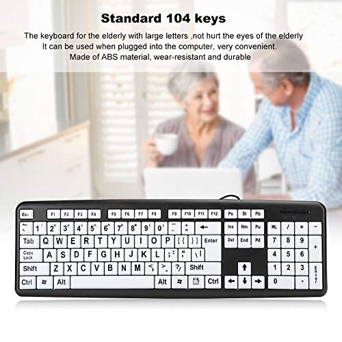 Large Print Computer Keyboard, 104 Keys Standard Full Size USB Wired with Foldable Stands, High Contrast Black and White Keys Perfect for Low Vision, Seniors and Those Just Learning to Type