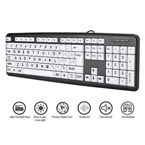 Large Print Computer Keyboard, 104 Keys Standard Full Size USB Wired with Foldable Stands, High Contrast Black and White Keys Perfect for Low Vision, Seniors and Those Just Learning to Type