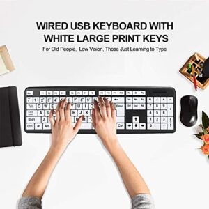 Large Print Computer Keyboard, 104 Keys Standard Full Size USB Wired with Foldable Stands, High Contrast Black and White Keys Perfect for Low Vision, Seniors and Those Just Learning to Type
