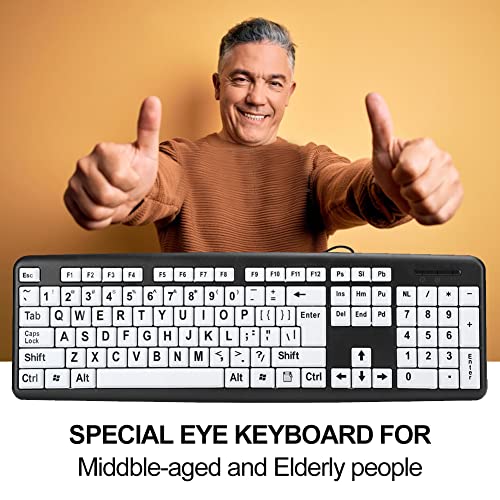 Large Print Computer Keyboard, 104 Keys Standard Full Size USB Wired with Foldable Stands, High Contrast Black and White Keys Perfect for Low Vision, Seniors and Those Just Learning to Type