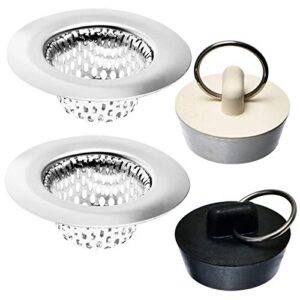 4 pack - bathroom sink strainers and stopper plug combo - 2.125" top / 1" basket, stainless steel strainers and rubber plug stopper for standard bathroom sink, utility, slop, lavatory and rv sink