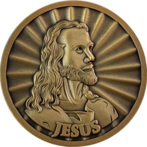 jesus coin, head of christ by warner sallman challenge coin, kjv bible verse prayer token, antique gold plated catholic and christian religious jesus picture coin