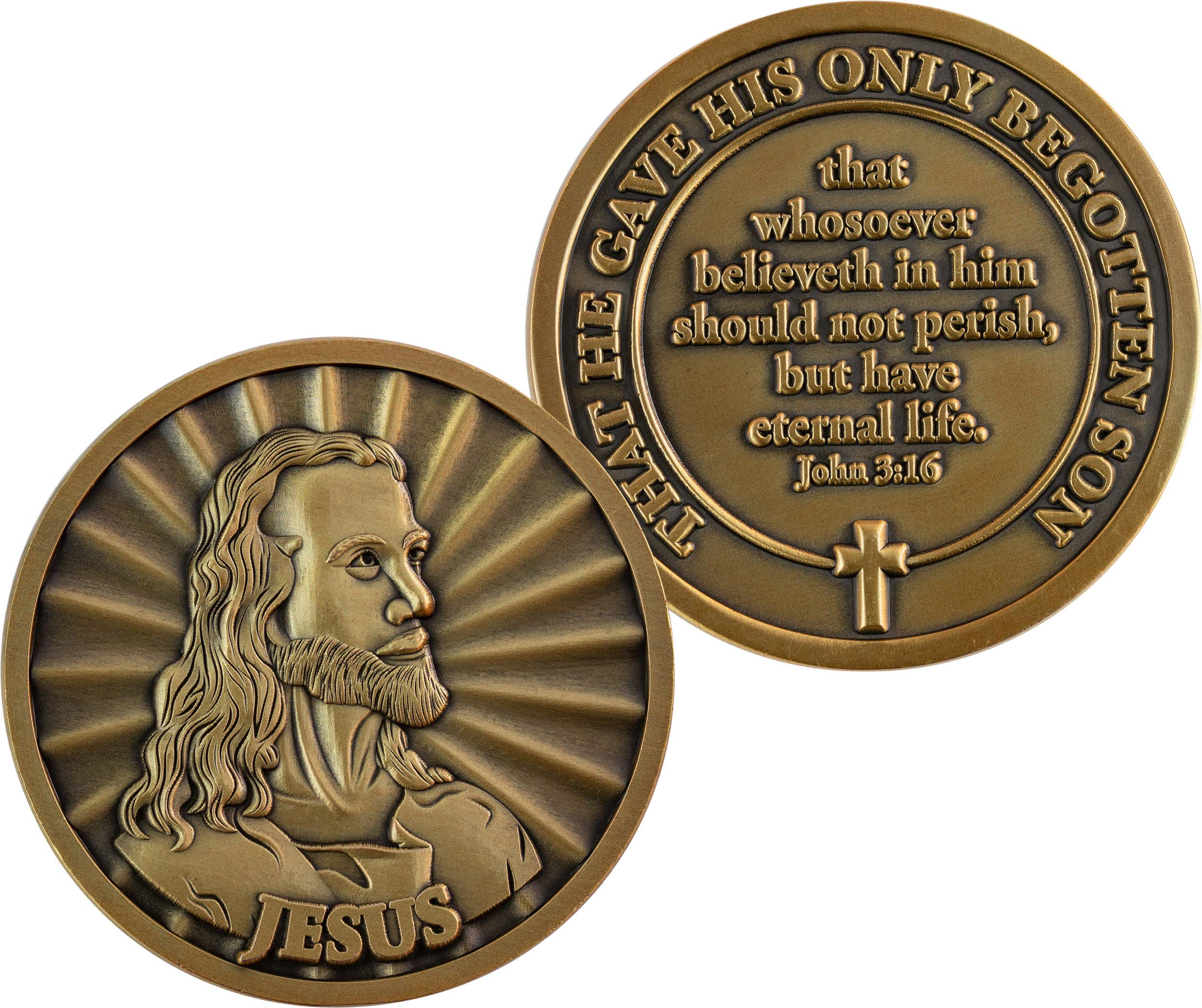 Jesus Coin, Head of Christ by Warner Sallman Challenge Coin, KJV Bible Verse Prayer Token, Antique Gold Plated Catholic and Christian Religious Jesus Picture Coin