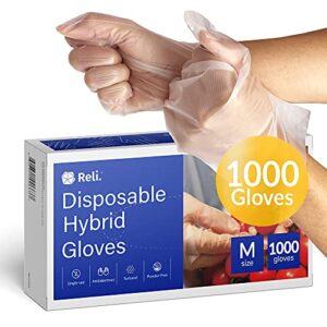 reli. disposable gloves, medium (1000 pack bulk) (s/m/l/xl available), hybrid plastic gloves disposable - latex free/powder free, clear disposable gloves for hand protection/food handling (med)