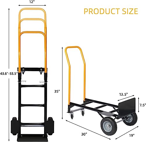 Vilobos Folding Hand Truck, 2 in 1 Utility Cart, Portable Dolly with EVA Wheels, Easy Storage, 43.6"-53.5" Hight Adjustable, Heavy Duty Steel, 330Lbs Load Capacity