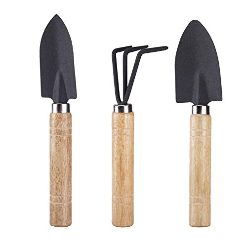 3-Piece Mini Garden Plant Tools Sets, Small Shovel Rake Spade Wood Handle for Loose Succulents Potted Flower Seedling Soil Garden Tool Sets