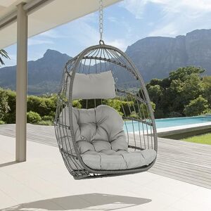 brafab wicker rattan hammock egg swing chair with hanging chain, aluminum frame and uv resistant cushion, indoor outdoor bedroom patio porch foldable camping chair (without stand)