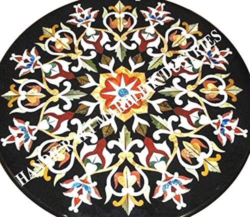 Black Marble Inlay Coffee Table Top, Pietra Dura Dining Table Top, Stone Inlaid Wall Decor, Centre Piece, Piece Of Conversation