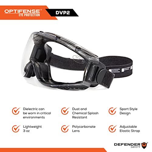 Defender Safety DVP2 Clear Safety Goggles, Eye Protection, Anti Fog, Impact & Chemical Resistant, ANSI Z87+ (Black)