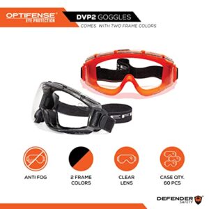 Defender Safety DVP2 Clear Safety Goggles, Eye Protection, Anti Fog, Impact & Chemical Resistant, ANSI Z87+ (Black)