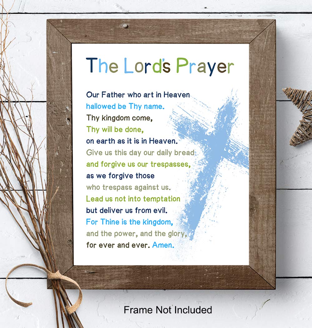 Lords Prayer Bible Verse Wall Art - Religious Scripture Boys Room Decor - Christian Gifts for Toddler or Baby Boys Bedroom, Son - Blessed Church Sunday School Kids Decorations - Cross Picture Poster