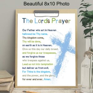 Lords Prayer Bible Verse Wall Art - Religious Scripture Boys Room Decor - Christian Gifts for Toddler or Baby Boys Bedroom, Son - Blessed Church Sunday School Kids Decorations - Cross Picture Poster