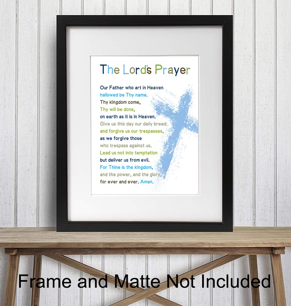 Lords Prayer Bible Verse Wall Art - Religious Scripture Boys Room Decor - Christian Gifts for Toddler or Baby Boys Bedroom, Son - Blessed Church Sunday School Kids Decorations - Cross Picture Poster