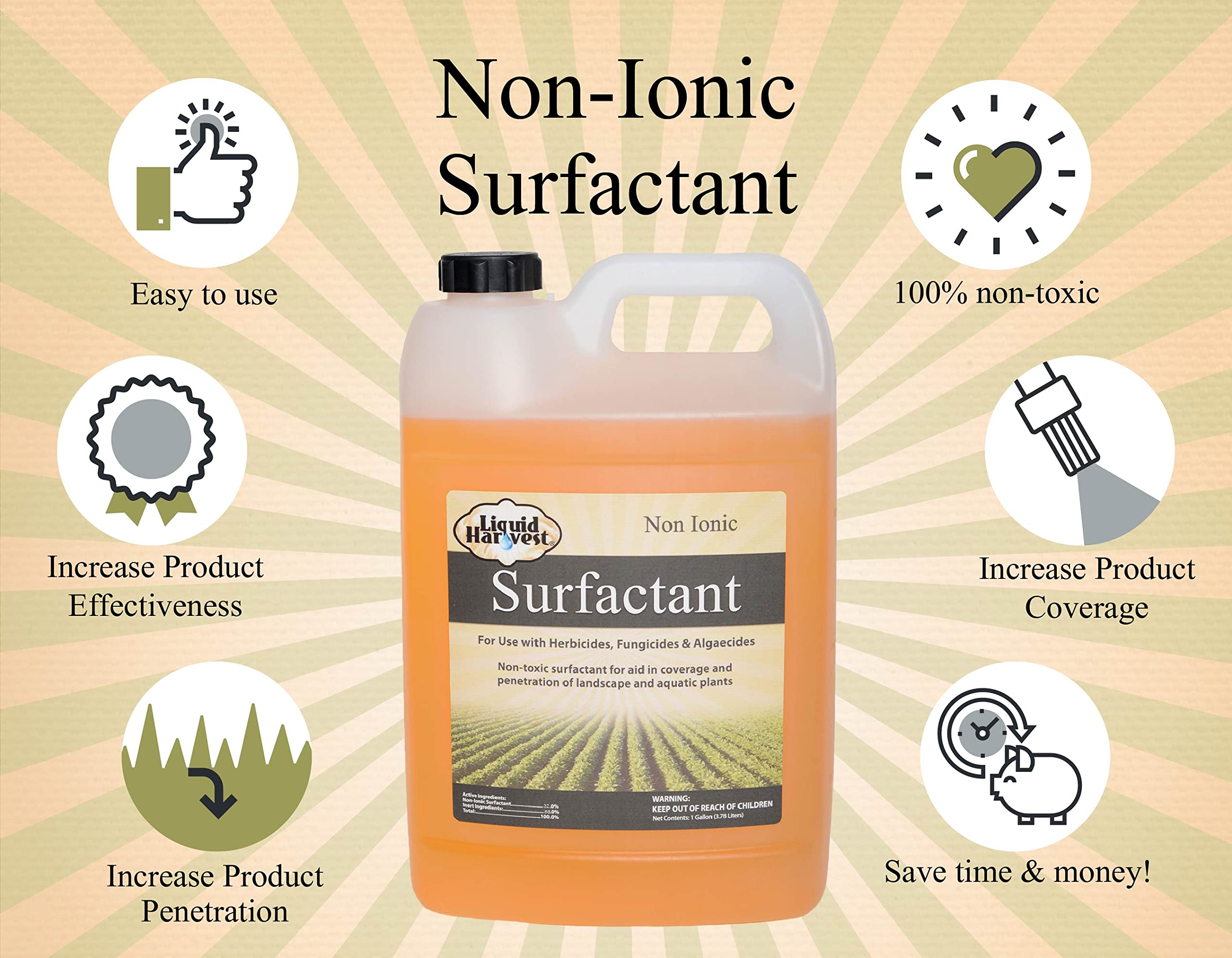 Liquid Harvest Concentrated Surfactant for Herbicides Non-Ionic Gallon (128oz), Increase Product Coverage, Increase Product Penetration, Increase Product Effectiveness