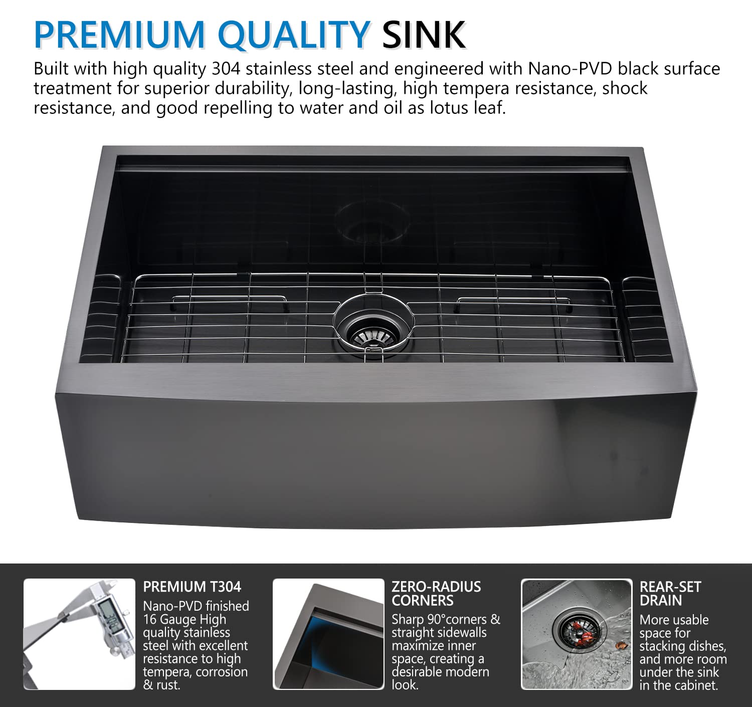 30 Inch Black Undermount Farmhouse Kitchen Sink, 30 x 22 x 10 Inch Farm Workstation Kitchen Sink 16 Gauge Stainless Steel Apron Front Black Kitchen Sink with Accessories