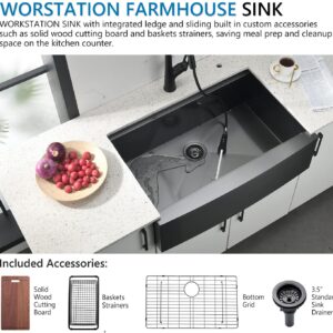 30 Inch Black Undermount Farmhouse Kitchen Sink, 30 x 22 x 10 Inch Farm Workstation Kitchen Sink 16 Gauge Stainless Steel Apron Front Black Kitchen Sink with Accessories