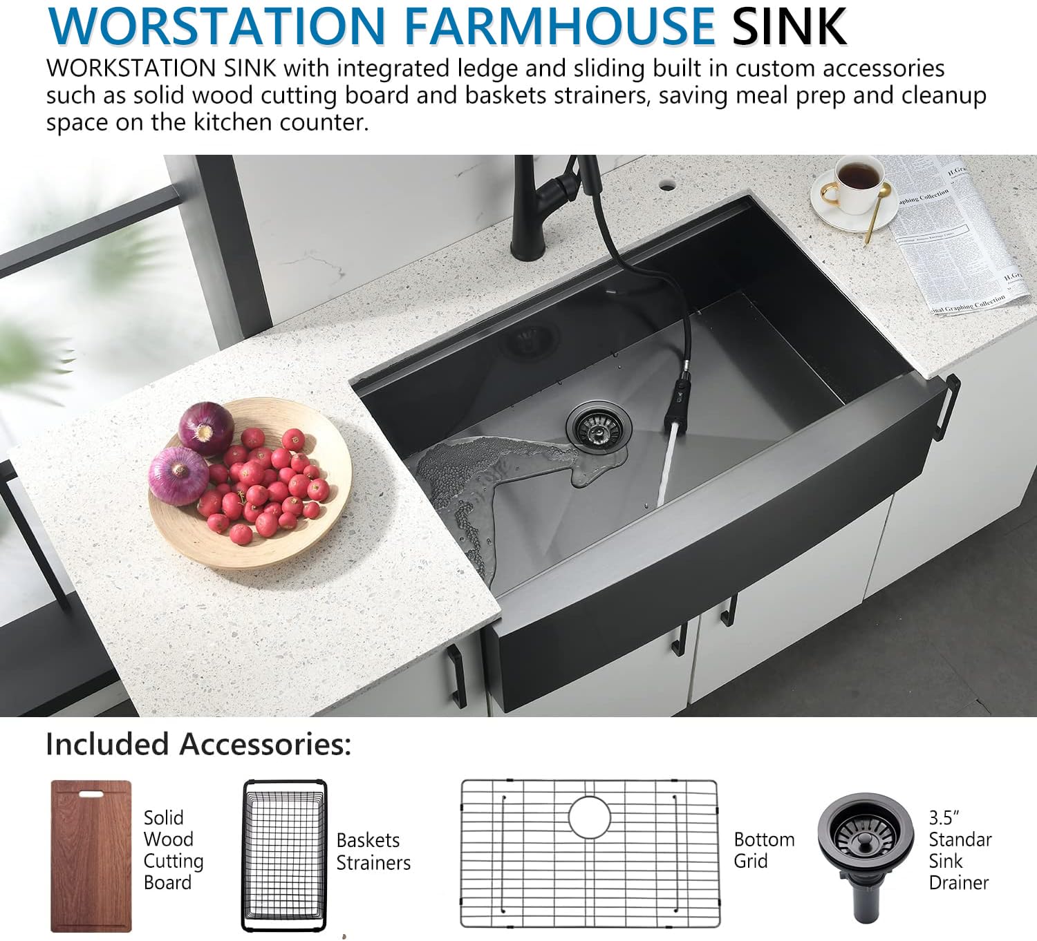 30 Inch Black Undermount Farmhouse Kitchen Sink, 30 x 22 x 10 Inch Farm Workstation Kitchen Sink 16 Gauge Stainless Steel Apron Front Black Kitchen Sink with Accessories