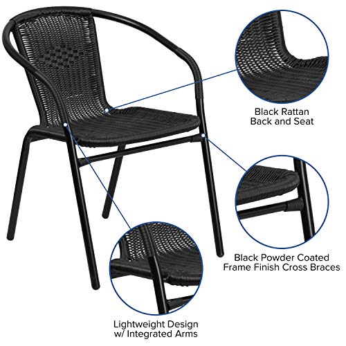 Flash Furniture Modern Rattan Indoor/Outdoor Restaurant Dining Chairs, Stackable Rattan Bistro Chairs for Patio or Restaurant, Set of 2, Black
