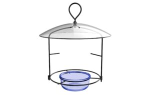 nature's way bbfm1 bluebird buffet metal bird feeder with protective baffle, outdoor wild bird feeder and décor, one glass dish with 3/4 cup capacity, blue