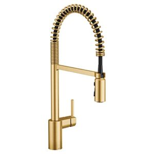 moen align brushed gold one handle spring pulldown kitchen faucet, farmhouse style high-arc kitchen sink faucet with power boost for a faster clean, 5923srs