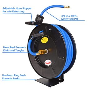 Aain AE39 Heavy Duty Air Hose Reel With 50FT Auto Rewind Preminium Retractable air hose,Steel Construction Industrial Air Hose Reel Wall Mount 3/8" Flexiable Hybrid Hose