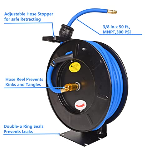 Aain AE39 Heavy Duty Air Hose Reel With 50FT Auto Rewind Preminium Retractable air hose,Steel Construction Industrial Air Hose Reel Wall Mount 3/8" Flexiable Hybrid Hose