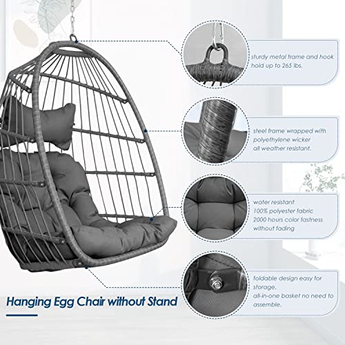 NICESOUL® Hanging Egg Chair Without Stand Tree Ceiling Egg Basket Chairs UV Resistant 265lbs Capaticy for Patio Backyard Balcony Bedroom Living Room with Hanging Steel Chain & Cushions Dark Grey