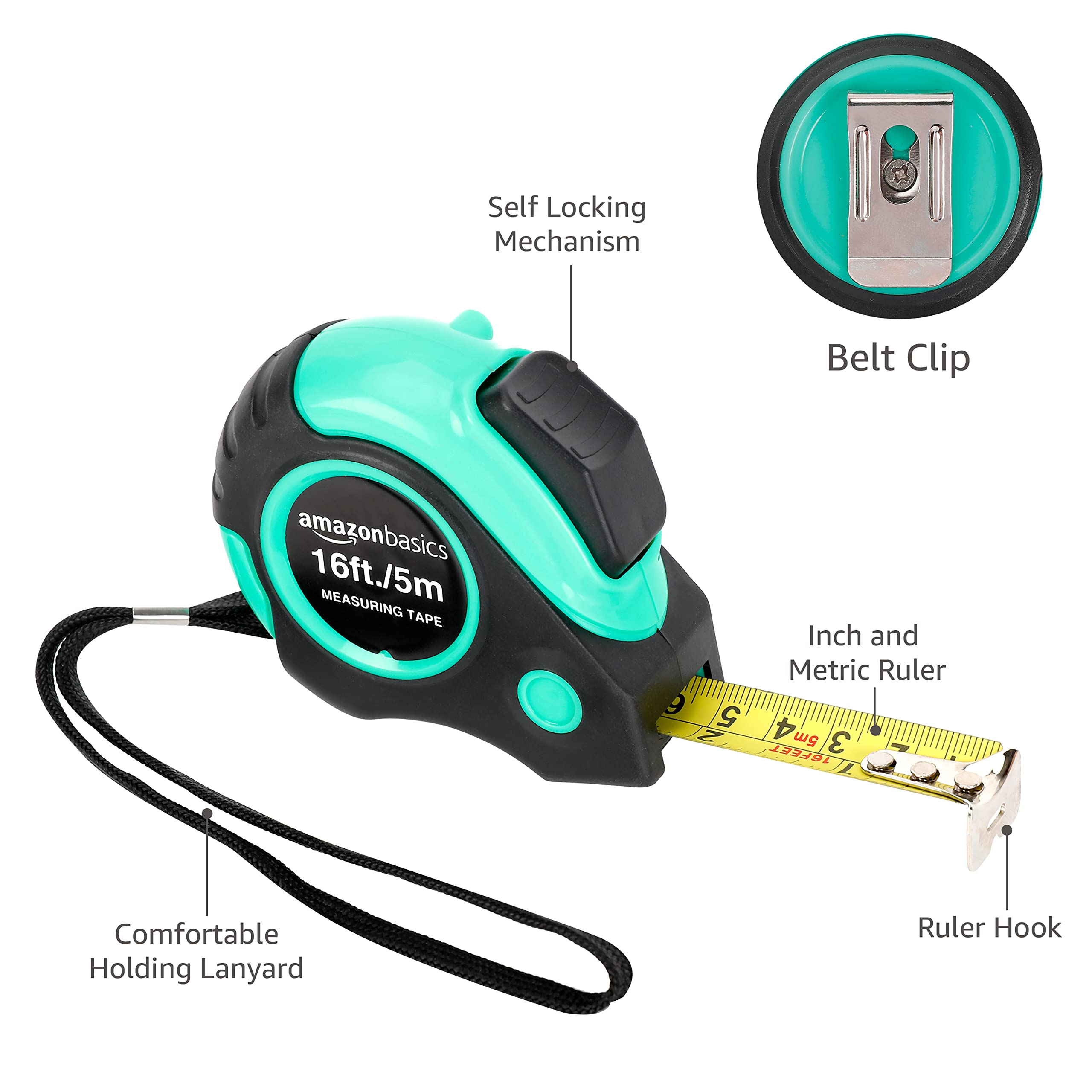 Amazon Basics Tape Measure - 16 Feet, Turquoise