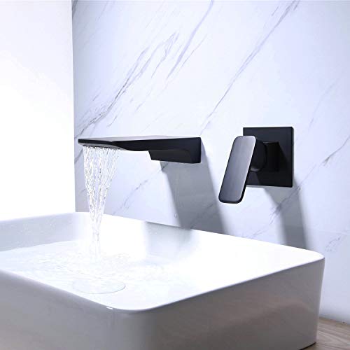 Wall Mounted Bathroom Sink Faucet,NEWRAIN Waterfall Vessel Faucet Single Handle 2 Hole Lavatory Basin Mixer Tap,Black