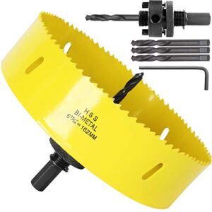 6-3/8 inch hole saw with heavy duty arbor, 6 3/8”recessed lighting hole saw with 1-1/2 inch cutting depth, bi-metal hole cutter for smoothly cutting ceiling tile drywall plywood plaster metal plastic