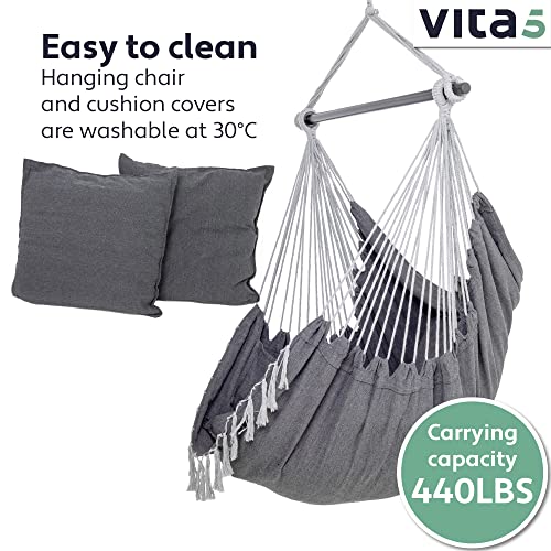 VITA5 Hanging Chair Outdoor & Indoor- Sturdy & Safe Hammock Chair - Stylish Boho Hanging Chair for Bedroom Decor - Easy to Assemble Hammock Swing - Comfy Padded Hanging Swing - Swinging Chair