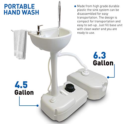 Portable Foot Operated Outdoor Hand Washing Sink Station – Includes Dirty Water Tank – Towel Holder & Soap Dispenser – 4.5 Gallon - Great for Camping, Business, Events, RV, Etc., white, 40