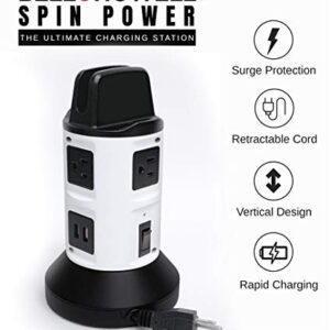 Bell+Howell Spin Power Strip Tower Surge Protector S/4-4 Outlets, 6 USB Ports, 40" Retractable Cord, 360° Rotation | Electric Charging Station with Built-in Phone Tablet Holder | USB Outlet Extender