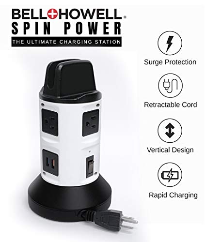 Bell+Howell Spin Power Strip Tower Surge Protector S/4-4 Outlets, 6 USB Ports, 40" Retractable Cord, 360° Rotation | Electric Charging Station with Built-in Phone Tablet Holder | USB Outlet Extender